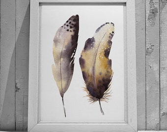 Feather Painting No.1 and No.2 Abstract Fine Art Print on Watercolour Paper - Fine Art Prints of Feather Watercolour Painting