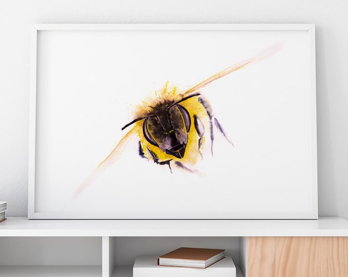 Bee Painting "Incoming" - Signed limited edition print of my original watercolour painting of a honey bee