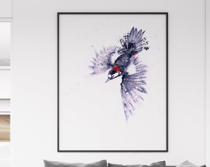 Great Spotted Wood Pecker Painting - Watercolour - Hand Signed Limited Edition Print of my Original Watercolour Painting of a woodpecker
