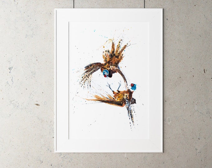 Pheasant Limited Edition Watercolour Print of My Original Watercolor Painting of 2 Pheasants fighting. Modern Wall Art Home Decor Gift