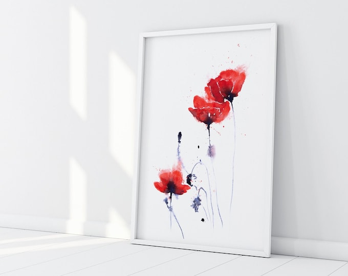 Poppy Painting - Hand Signed Limited Edition Print of my Original Poppy Watercolour Painting - Poppy Group No.1 Red Flower Wall Art