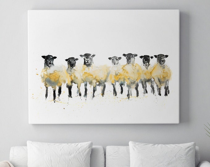 Sheep Canvas - Hand signed Abstract Canvas Print of original Watercolour Painting Row of Sheep