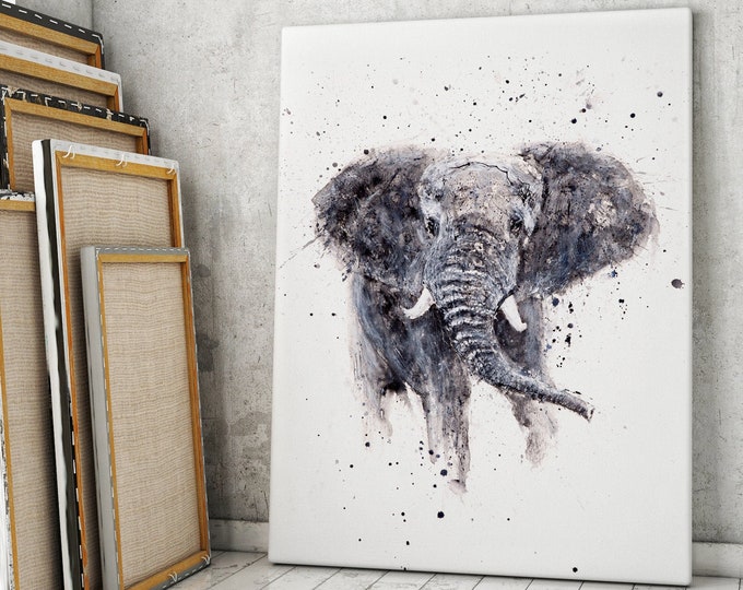 Elephant Canvas print - Hand signed by Syman Kaye - Elephant Wall Art Watercolour Painting of my Original Living Room Art Elephant Painting