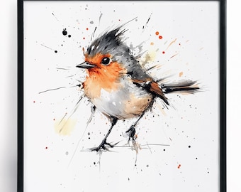 Signed Robin Print - Expressive Bird Painting of a Robin Red Breast- UK Wildlife Art Prints - Animal Paintings, British Garden Bird painting