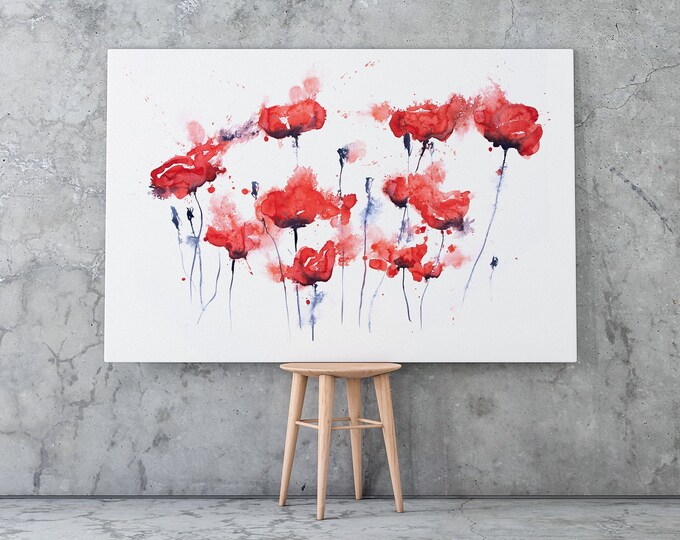 Poppy Canvas print - Hand signed Abstract Canvas Print of original Watercolour Painting of Poppies, Modern Living room Art
