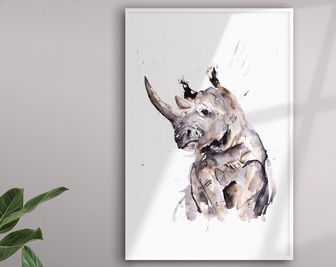 Rhino Painting - Rhinoceros Watercolour Painting - Hand Signed Limited Edition Print of my Original Watercolour Painting of an African Rhino