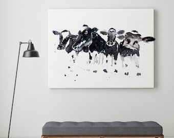 Row of Cows Canvas Print -  Cow Wall Art of Watercolour Painting of Abstract Cows - Cow Watercolour Art by Syman Kaye