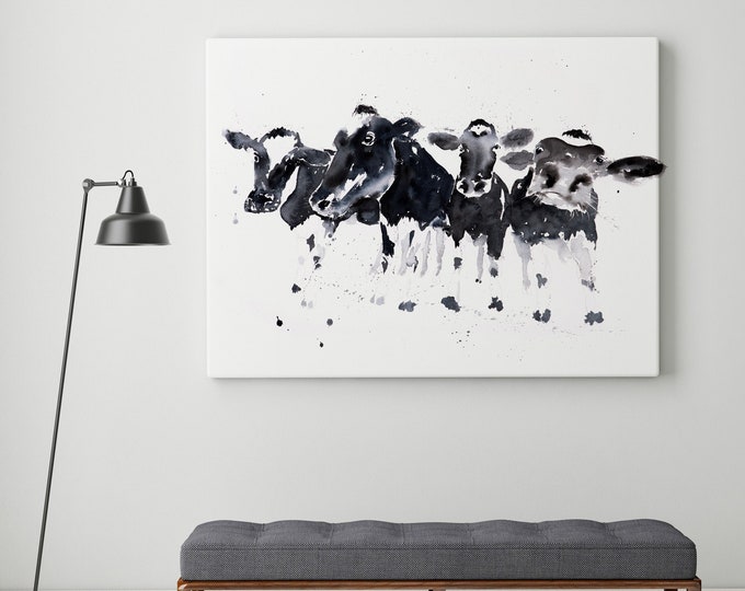 Row of Cows Canvas Print - Hand signed Cow Wall Art of Watercolour Painting of Abstract Cows - Cow Watercolour Art by Syman Kaye