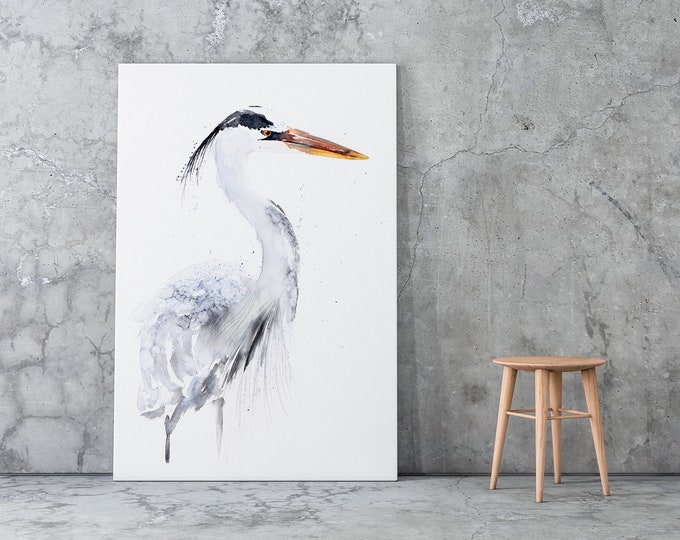 Heron Canvas print - Hand signed by Syman Kaye - Heron Wall Art Watercolour Painting of my Original Abstract Art Heron Painting