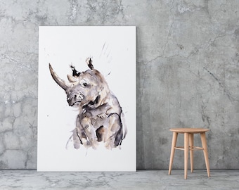 Rhino Canvas print -  by Syman Kaye -Rhinoceros Wall Art Watercolour Painting of my Original Living Room Art Rhino Painting