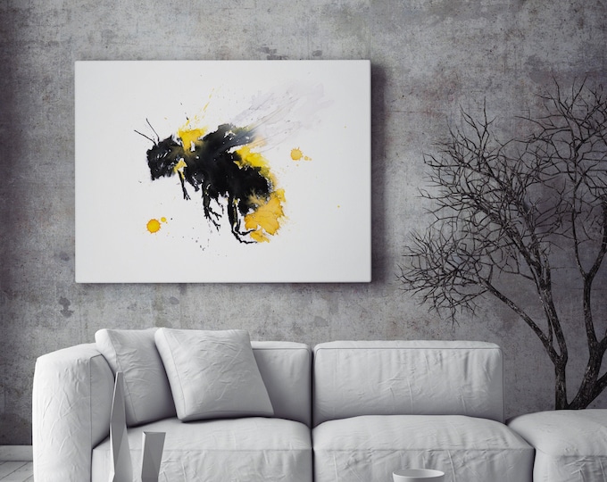 Bee Canvas Print - Hand Signed Bumble Bee Wall Art - Bee Watercolour Painting of my Original Abstract Bee Watercolor living room art