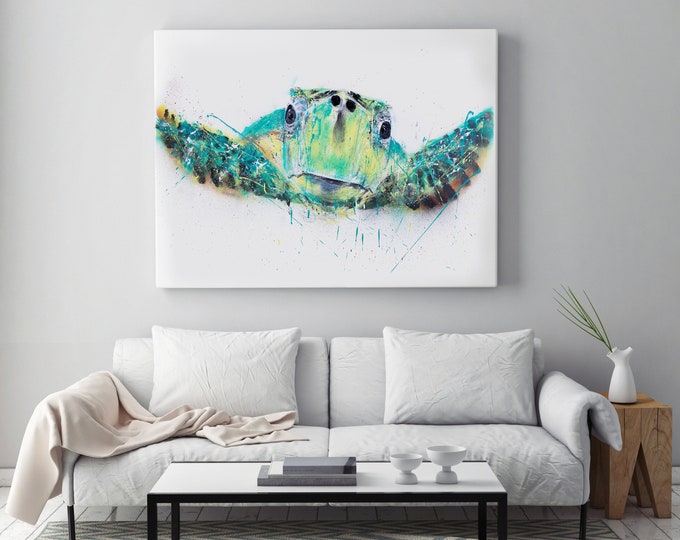 Turtle Canvas print - Hand Signed by Syman Kaye Living Room Art Turtle Watercolour Painting of my Original Abstract Art Turtle Painting