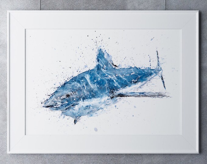 Shark Watercolor Painting Watercolour  Hand Signed Dated Numbered and Embossed Limited Edition Print of my Original  Great White Shark Art