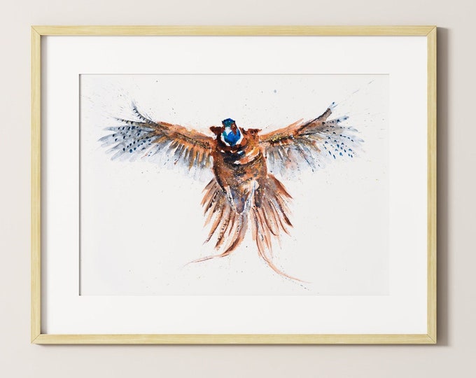 Flushed Pheasant Watercolour Painting - Hand Signed, Limited Edition Print of my Original Watercolour Painting of a Pheasant Living Room Art