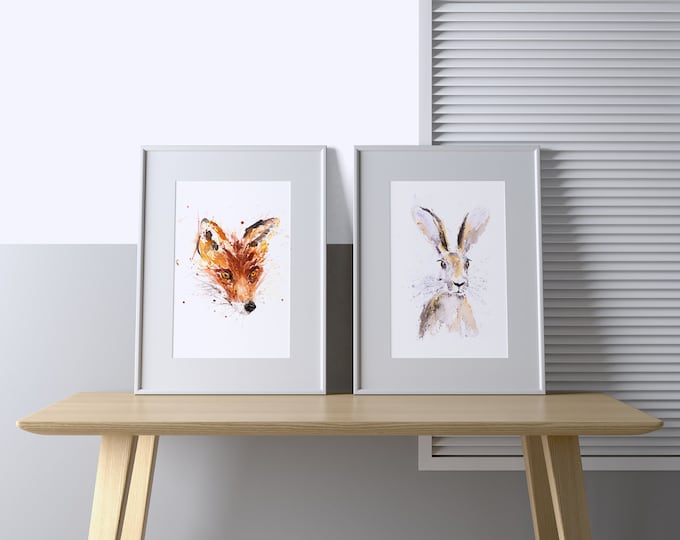 Fox and Hare Prints - Signed Limited Edition Prints of my original Abstract Watercolour Painting of a Fox and a Hare