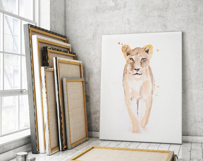 Lioness Canvas print - Hand signed by Syman Kaye - lion Wall Art Watercolour Painting of my Original Living Room Art Lion Painting