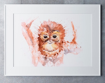 Baby Orangutang Watercolor Painting Watercolour Wall Art Hand Signed Numbered Dated and Embossed Limited Edition Print Orangutang Painting