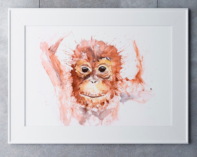 Baby Orangutang Watercolor Painting Watercolour Wall Art Hand Signed Numbered Dated and Embossed Limited Edition Print Orangutang Painting