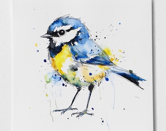 Abstract Blue Tit Signed Print - Blue Tit Print - UK Wildlife Art Prints - Animal Paintings, British Garden Bird Art, Song Bird Painting