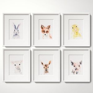 Nursery Decor, Stampe in edizione limitata Wall Art Water Colour Paintings of a Cute Baby Bunny, Fox, Duckling, Piglet, Fawn, Lamb