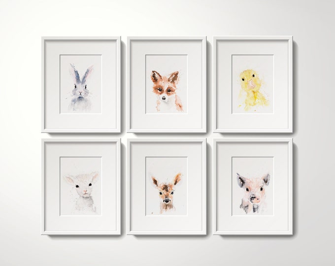 Nursery Decor, Limited Edition Prints Wall Art Water Colour Paintings of a Cute Baby Bunny, Fox, Duckling, Piglet, Fawn, Lamb