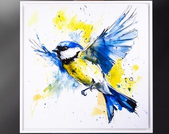 Signed Blue Tit Print - Expressive Bird Painting of a Blue Tit in flight- UK Wildlife Art Prints, British Garden Bird painting