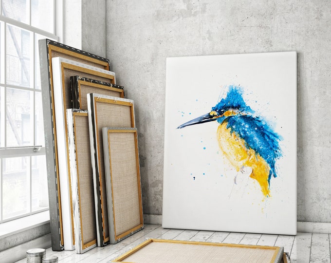 Kingfisher Canvas print - Hand signed by Syman Kaye - Heron Wall Art Watercolour Painting of my Original Abstract Art kingfisher Painting