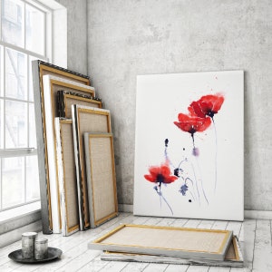 Impresión en lienzo de amapolas: impresión abstracta en lienzo de pintura de acuarela original de amapolas, arte moderno para sala de estar