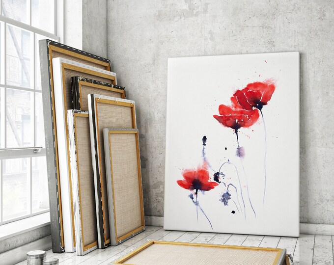 Poppy Canvas print - Hand signed Abstract Canvas Print of original Watercolour Painting of Poppies, Modern Living room Art