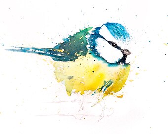 Blue Tit No.10 - Hand Signed Limited Edition Print of my Original Watercolour Painting of a Blue Tit Bird