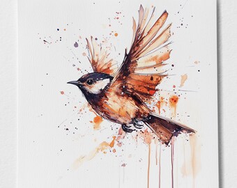 Wren watercolour Signed Print - Expressive Bird Painting of a Wren in flight- UK Wildlife Art Prints - Paintings of British Garden Birds