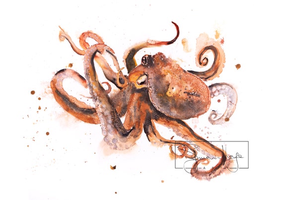 Octopus Painting Octopus Watercolour Painting Hand Signed Limited Edition Print of my Original Watercolour Painting of an Octopus Wall Art