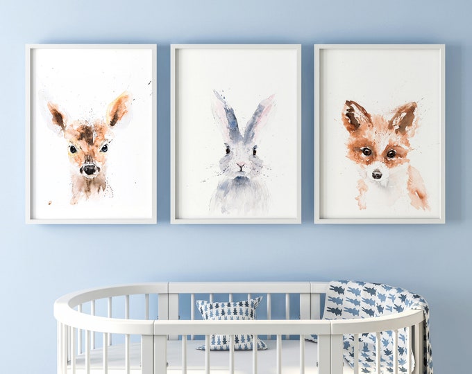 The Mini  Collection - 3 Signed Limited Edition Prints of my Original Water Colour Paintings of a Fox a Bunny and A Fawn - Wall Art