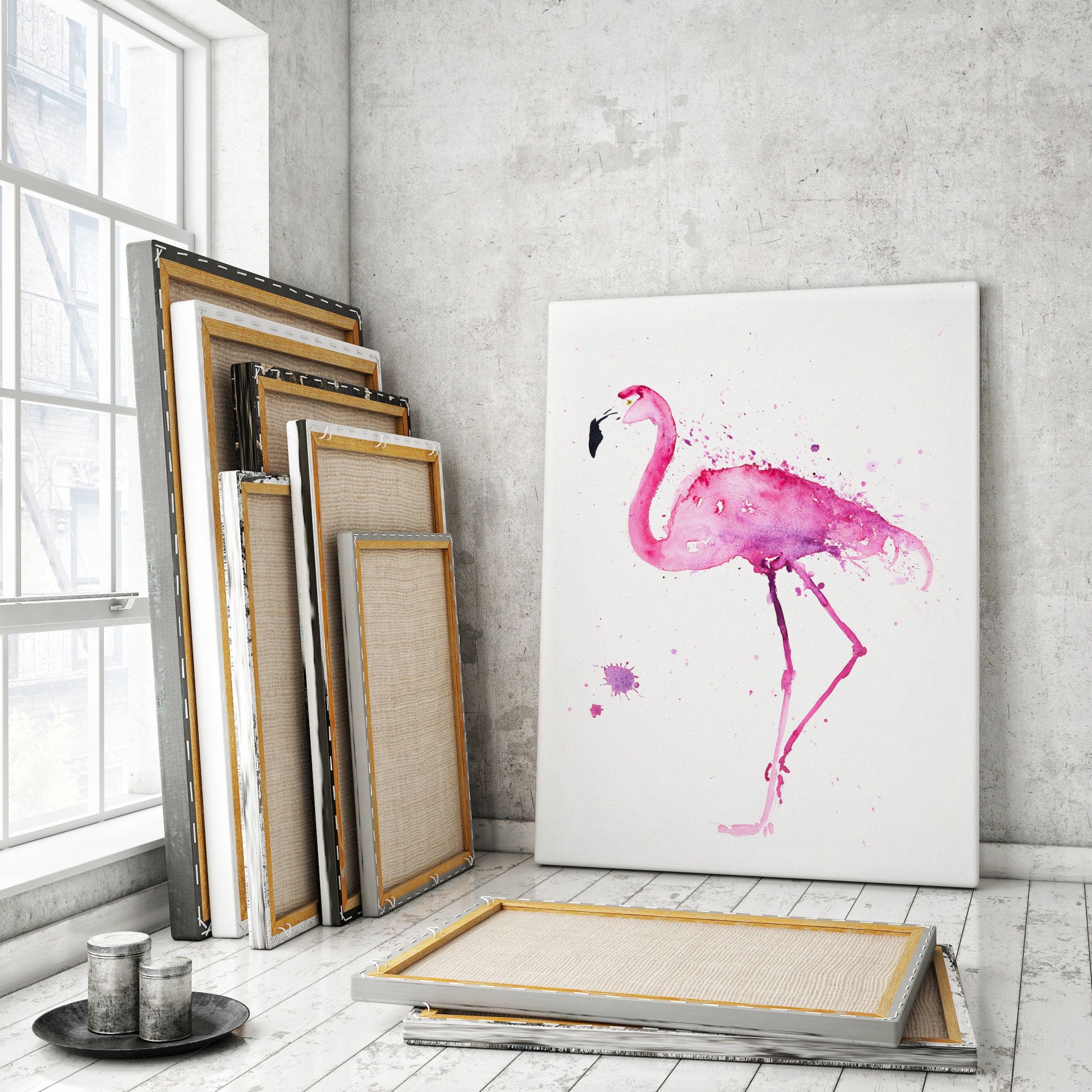 Flamingo Canvas print - Hand Signed by Syman Kaye Living Room Art Flamingo  Watercolour Painting of my Original Abstract Flamingo Painting