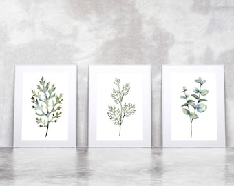 3 Botanical Leaf Prints on Watercolour Paper - Art Prints of Leaf Paintings