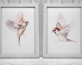 Pair of Sparrow Paintings - Sparrow Wall Art Hand Signed Numbered Embossed Limited Edition Prints of my Watercolour Paintings of Sparrows