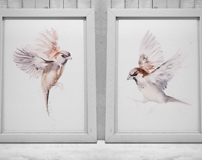 Pair of Sparrow Paintings - Sparrow Wall Art Hand Signed Numbered Embossed Limited Edition Prints of my Watercolour Paintings of Sparrows