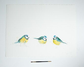 Original Watercolour Paintingof Three Blue Tits "Blue Tits in a Row" by Syman Kaye