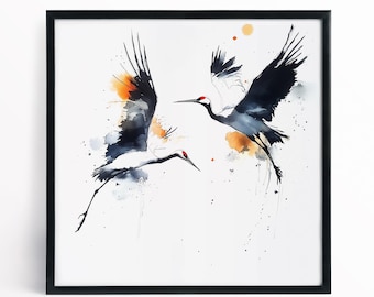 Crane Signed Print, Expressive Bird Painting of 2 flying Cranes Wildlife Paintings, Art Prints, cranes painting