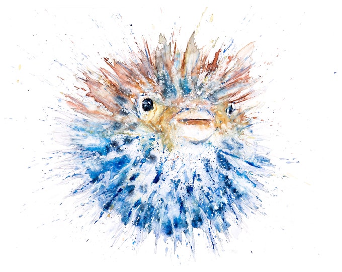 Puffer fish Watercolor Painting Watercolour Painting - Hand Signed Limited Print of my Original Watercolour Pufferfish Painting