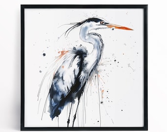 Heron Signed Print, Expressive Bird Painting of a Heron UK Wildlife Paintings, Art Prints, British Birds painting