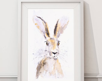 Hare Watercolour Painting - Signed Limited Edition Print of my Hare Watercolor Painting. Hare Living Room Art- Wildlife Art- Hare Print-