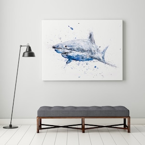 Shark Canvas Print Wall Art Shark Watercolour Watercolor Painting of my Original Abstract Shark Painting - Modern Shark Art Home Decor