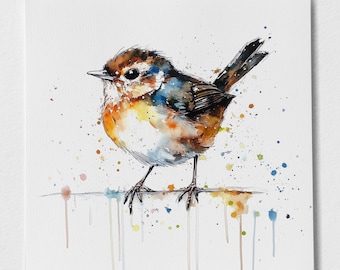 Wren watercolour Signed Print - Expressive Bird Painting of a Wren- UK Wildlife Art Prints - Paintings of British Garden Birds, Song Birds