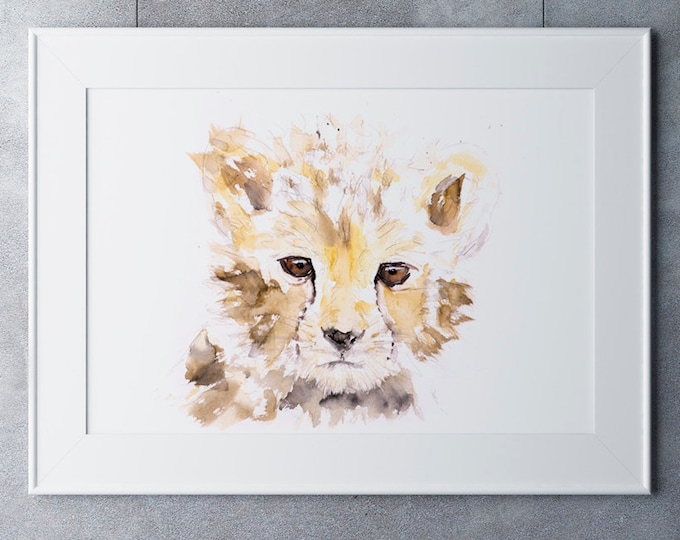 Baby Cheetah Watercolor Watercolour Painting  Wall Art  Hand Signed, Numbered, Dated and Embossed Limited Edition Print Cheetah Painting