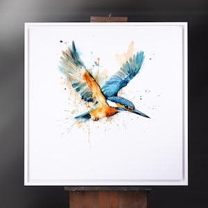 Stampa firmata di un martin pescatore, dipinto di un uccello espressivo di un martin pescatore in volo, dipinti di animali selvatici del Regno Unito, stampe artistiche, dipinti di uccelli britannici