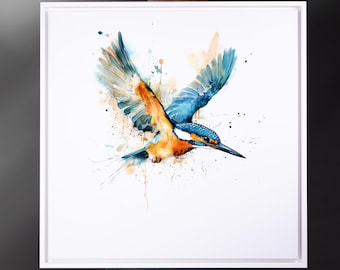 Kingfisher Signed Print, Expressive Bird Painting of a Kingfisher in flight UK Wildlife Paintings, Art Prints, British Birds painting
