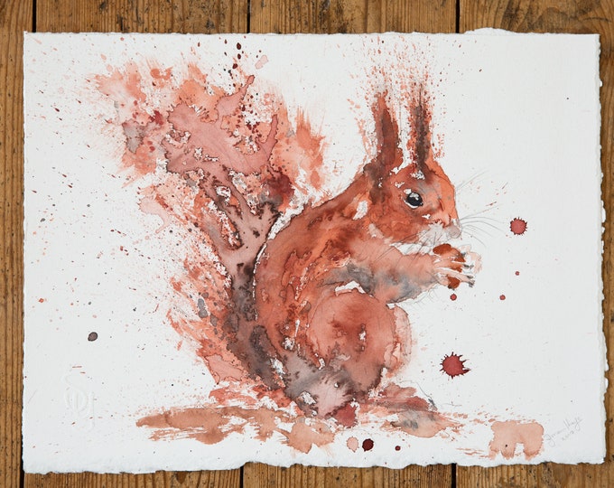 Squirrel Original Painting - Rusty Nuts Squirrel Watercolour Painting by Syman Kaye