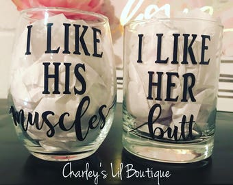I Like Her Butt and I Like His Muscles Glass Set, Couples Glasses, Couples Glass Set