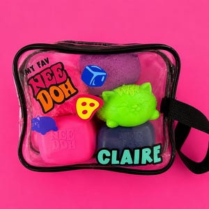 May include: A clear, rectangular bag with a black trim contains colorful Nee Doh toys. The bag features the text "MY FAV NEE DOH" and the name "CLAIRE". Inside are a pink cube, a purple cube, a blue cube, a green cat, and a yellow cheese wedge.
